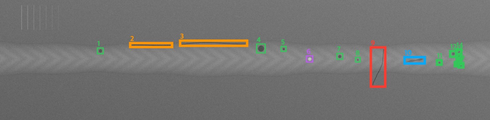 X‑ray film of a weld seam with numbered defect candidates marked by AI